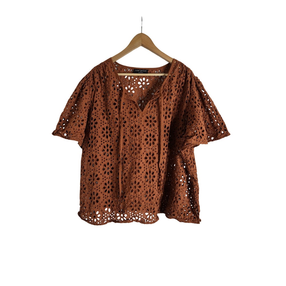 Lane Bryant 28 Cognac Brown Eyelet Flutter Sleeve Tie Neck Blouse Warm Autumn